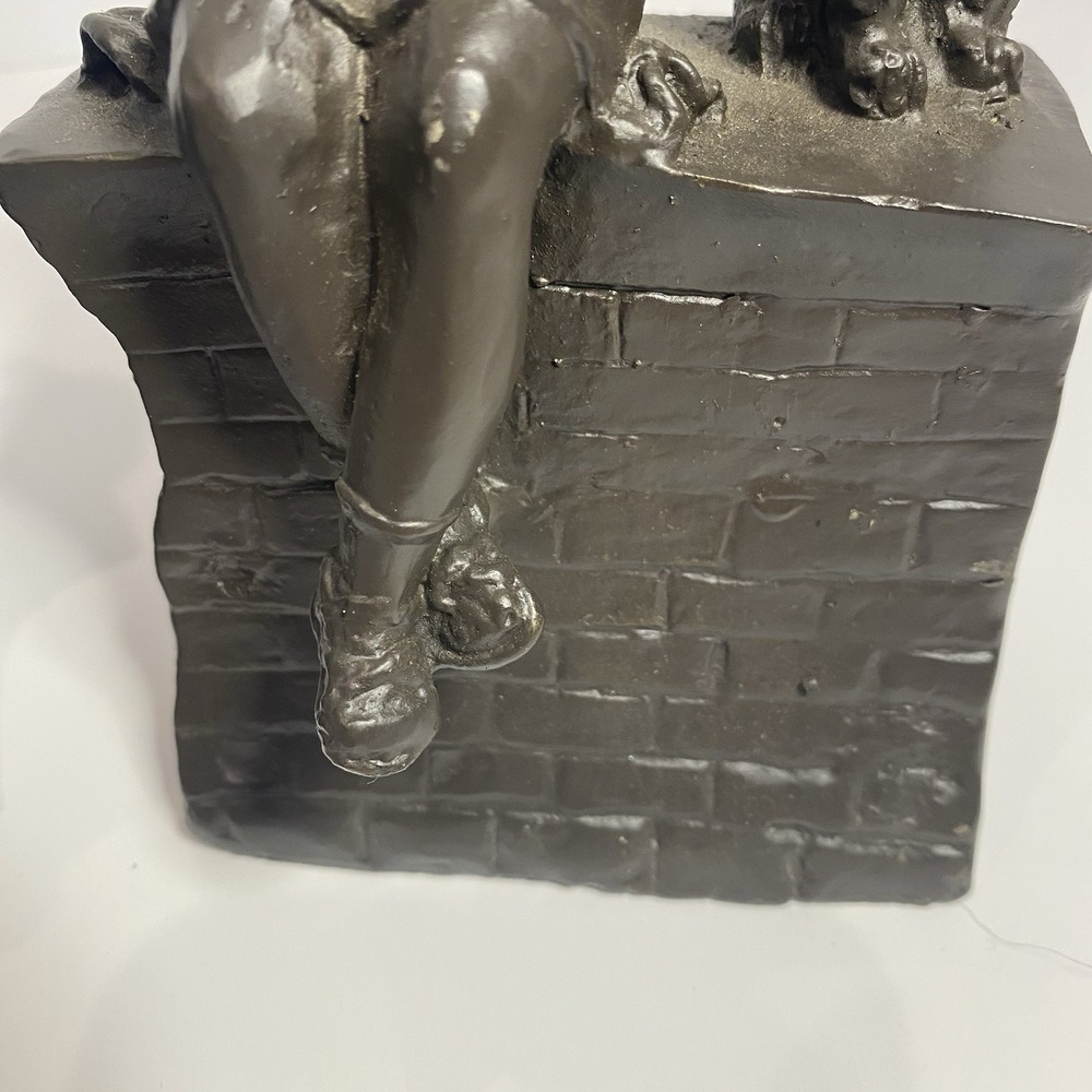 Vintage Painted Brass Figurine Pair – Girl Sitting on Wall with Dog – 8" Tall - Picture 5 of 10